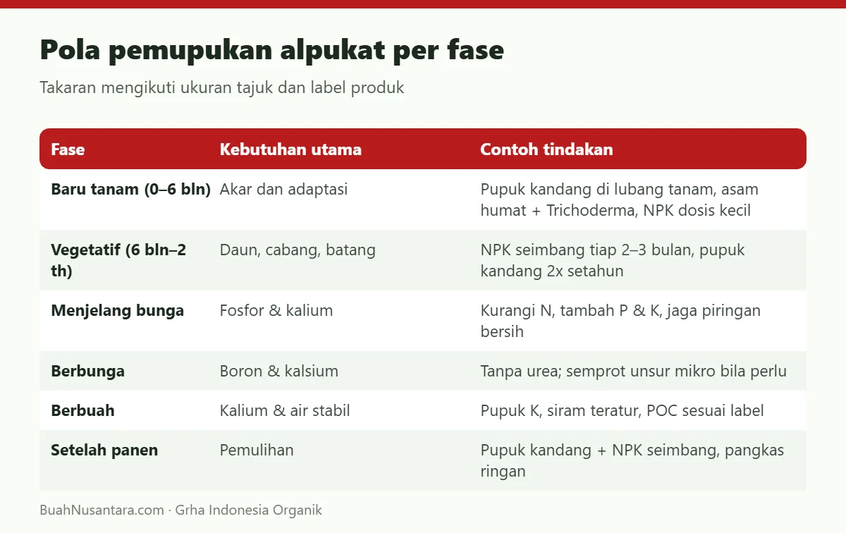 Pola pemupukan alpukat per fase