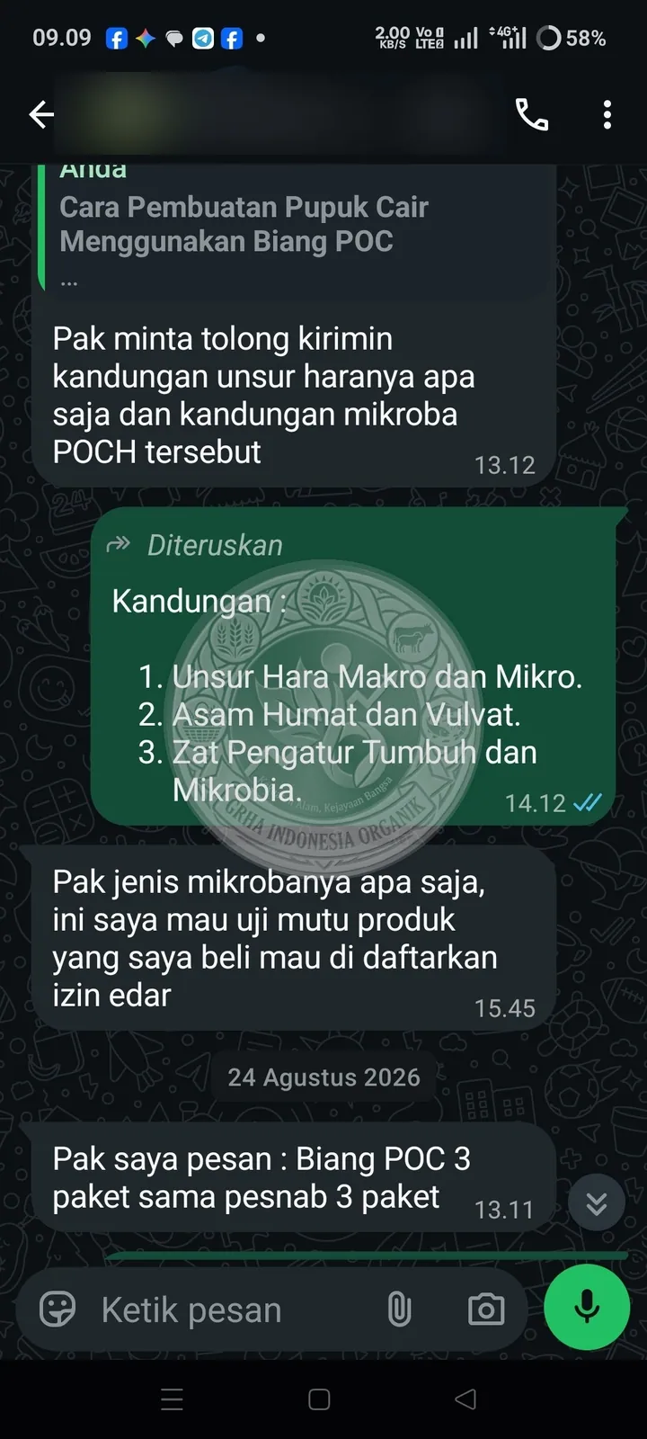 Testimoni Grha Indonesia Organik: pelanggan menanyakan kandungan biang poc