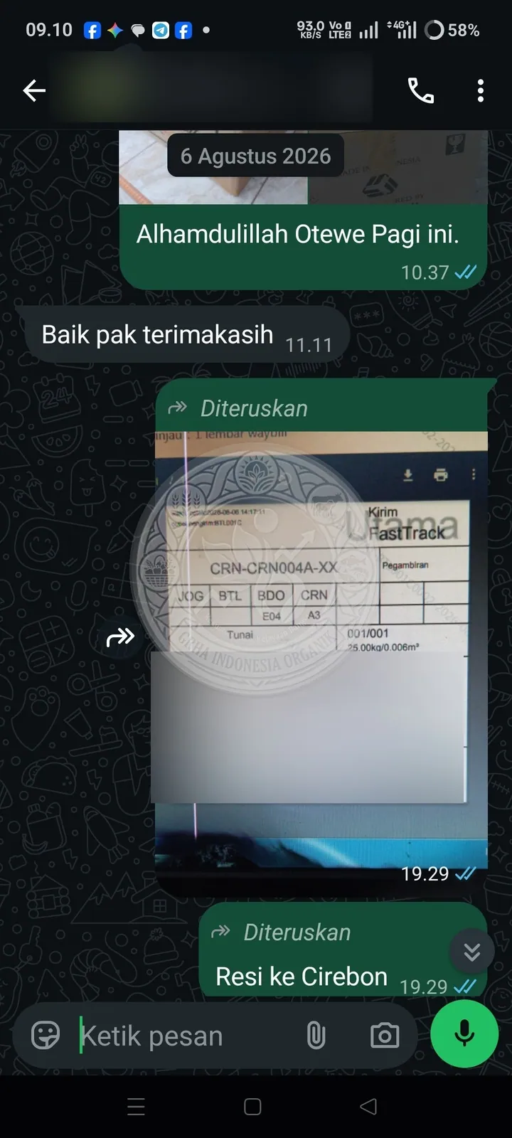 Testimoni Grha Indonesia Organik: resi kiriman pupuk ke cirebon