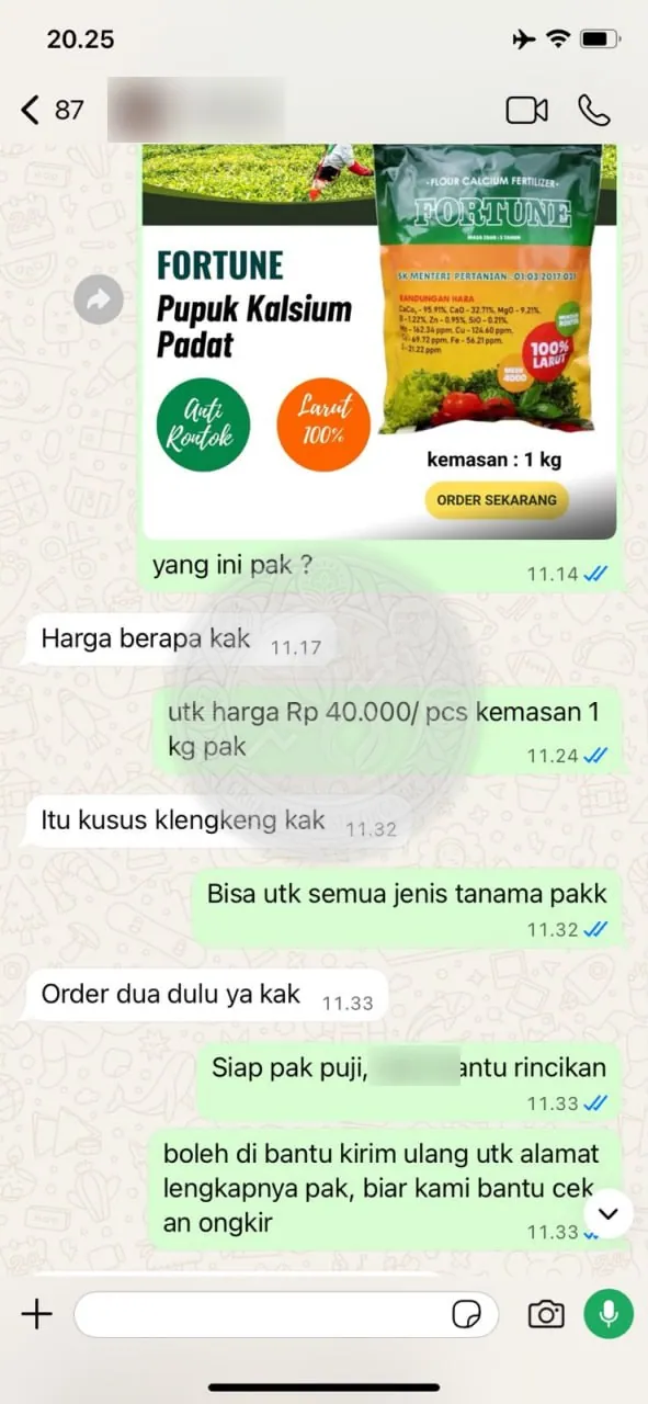 Testimoni Grha Indonesia Organik: order pupuk kalsium dari pelanggan