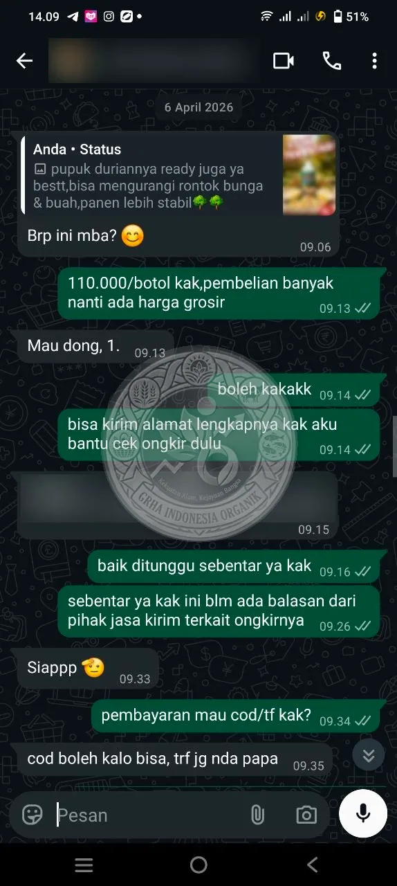 Testimoni Grha Indonesia Organik: order pupuk pelanggan purbalingga